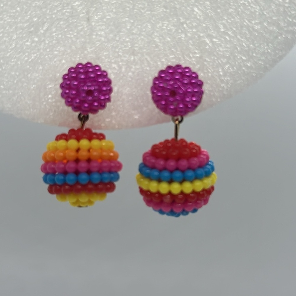 Mismatched Rainbow Beaded Ball Drop Earrings - Funky Statement Jewelry